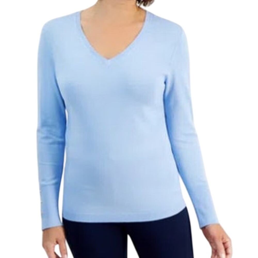 JM Collection Women's Button-Cuff V-Neck Sweater in Baby Blue